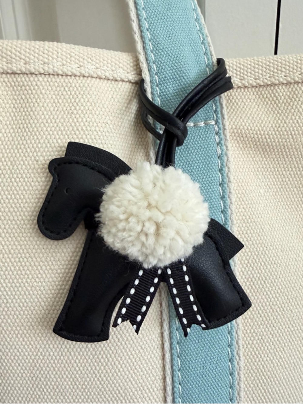Preppy Black Faux Leather Horse Bag Charm, Cream Pom Pom and Grosgrain Ribbon